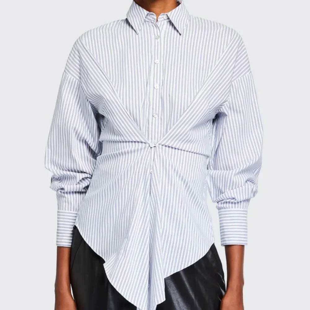 Cinq a Sept Mariezehl Long Sleeve Pinstriped Ruched Poplin Top Women's size M - Picture 1 of 9